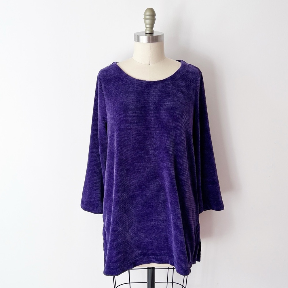 J. Jill Wearever Tunic Purple Textured Chenille Knit 3/4 Sleeve Scoop Neck M